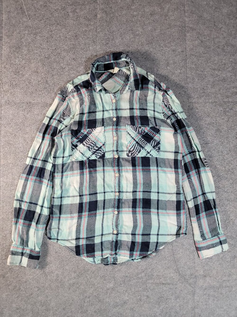 Aéropostale Mint & Navy Plaid Lightweight Flannel Button-Down Shirt Womens Small